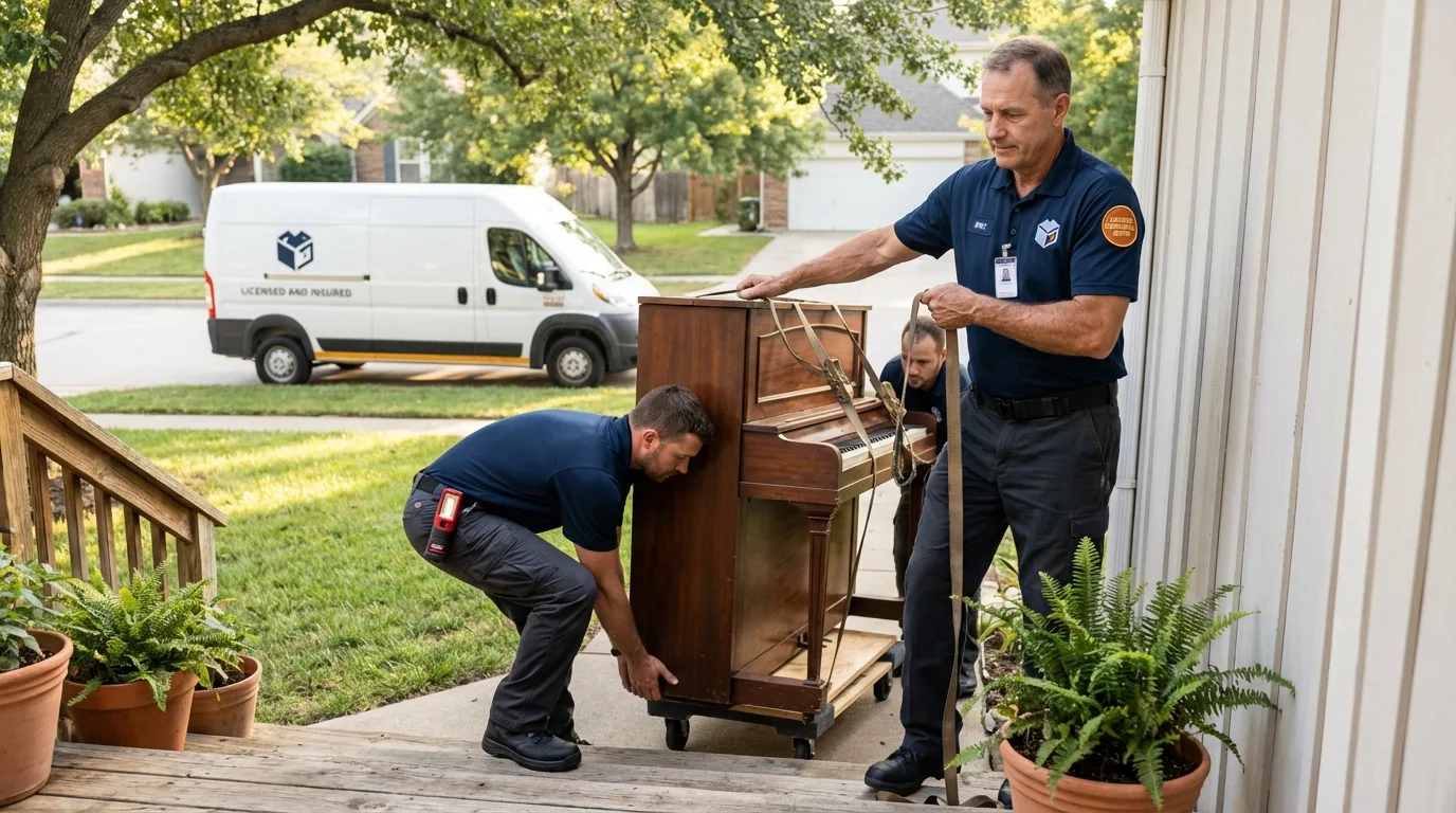 Licensed piano movers securing grand piano in Blanding, UT