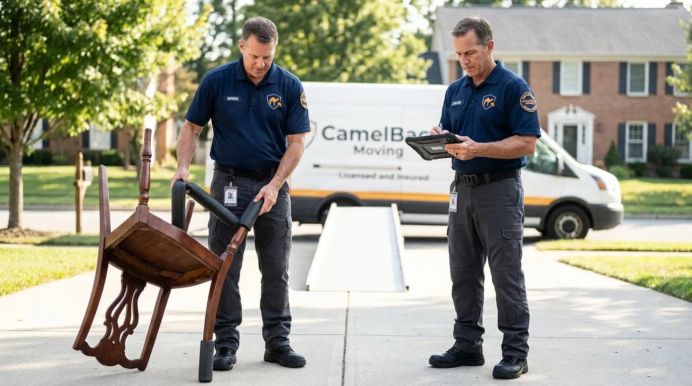Movers inspecting furniture for damage prevention before loading in Blanding, UT